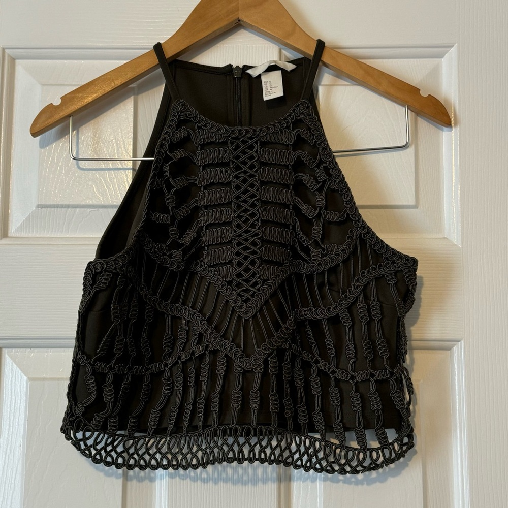 H&M Ribbed Embroidered Woven Halter Crop Top 0314
